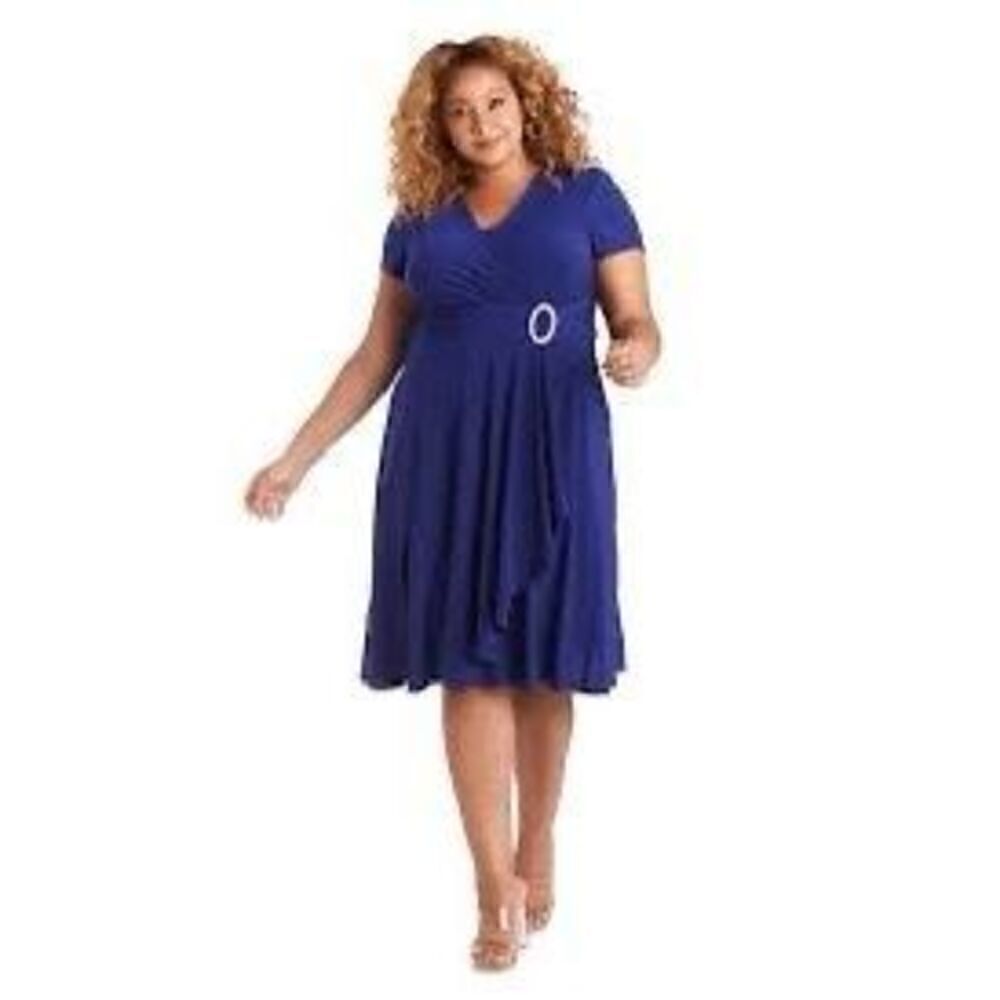 R&M Richards Women’s Plus Size 18 Short Sleeve Faux Wrap Cascade Dress Blue